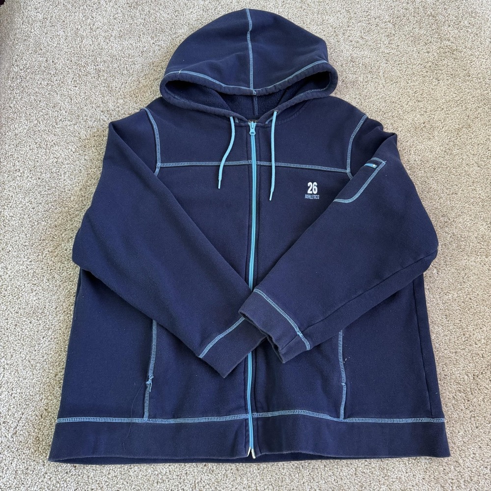 Y2K Route 66 Hoodie Womens XL Blue Full Zip Fleece Contrast Stitch Sweatshirt